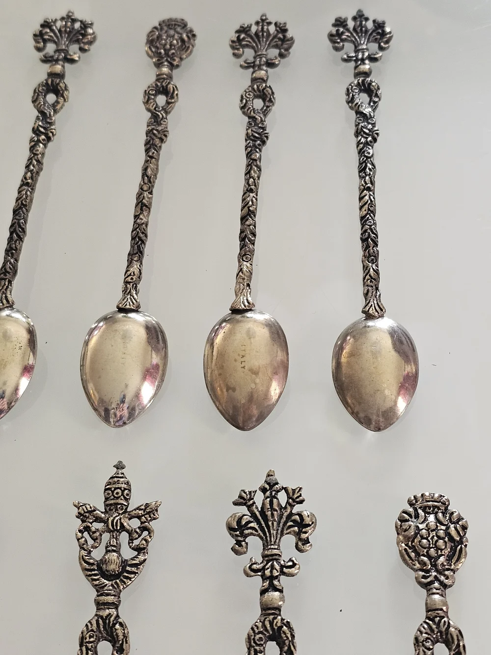 Antique Burdines Set of 12 Ornate Silver Plated Teaspoons, Made in Italy